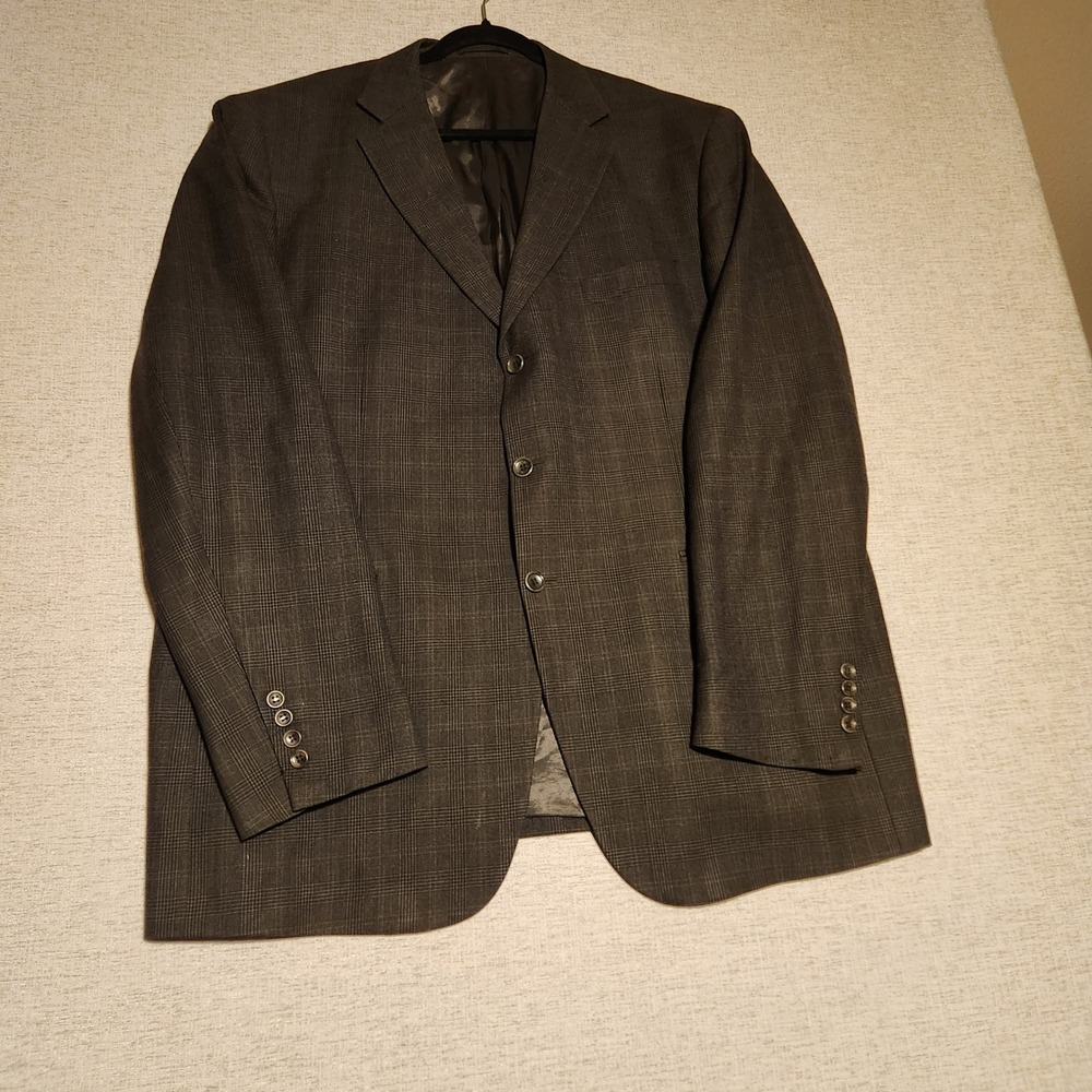 J Kent Ltd Custom Blazer Mens 44L Charcoal Brown Wool Glen Plaid 3 Button Jacket